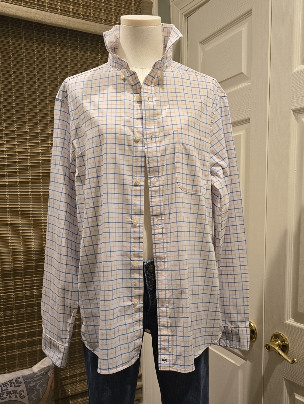 Vineyard Vines White Button-Down Shirt with Blue Windowpane Check